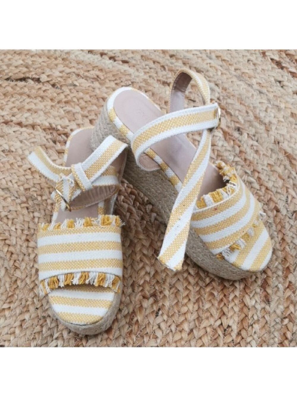 Charlotte Russe yellow and cream striped boho beachy platform sandals. Size 7